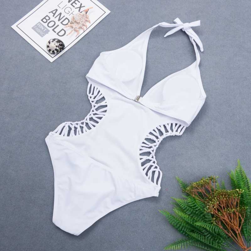 Sexy White Halter Cut Out Bandage Trikini Swim Bathing Suit Monokini Push Up Brazilian Swimwear Women Swimsuit 210625