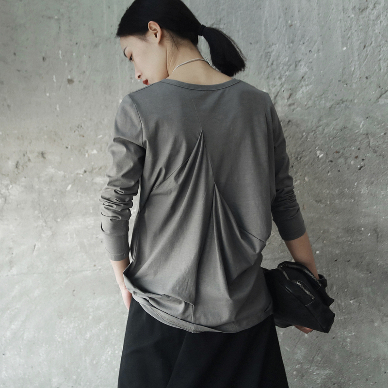 [EAM] 2021New Spring Autumn Round Neck Long Sleeve Black Fod Split Joint Loose Elastic T-shirt Women Fashion Tide JE82701S 210302