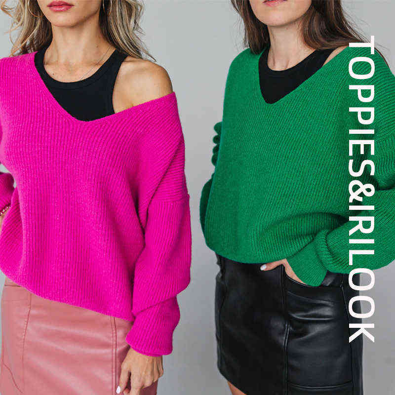 Toppies Sexy Deep v-neck Sweater Off Shoulder Sweater Green White Knitted Tops Korean Winter Clothes 211109