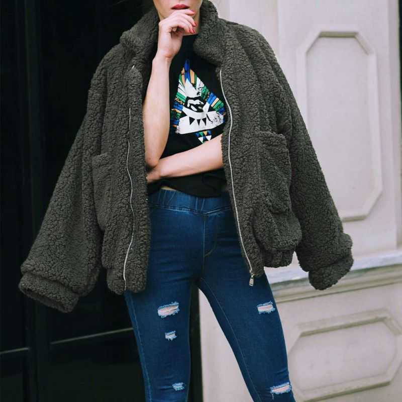 Elegant Faux Fur Coat Women Autumn Winter Warm Soft Zipper Fur Jacket Female Plush Overcoat Pocket Casual Teddy Outwear 3XL 211019