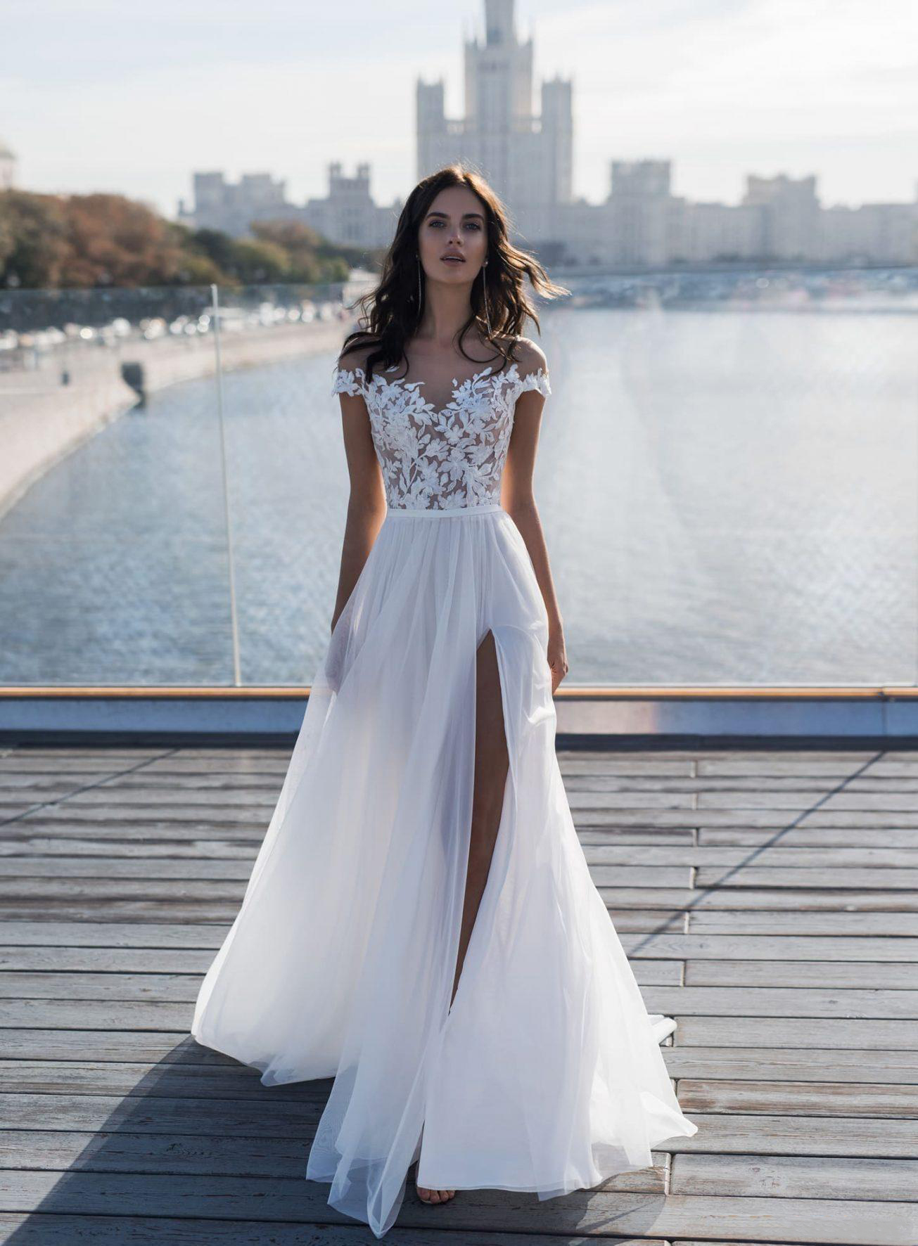 Beach Off Shoulder Chiffon A Line Wedding Dresses New Thigh High Slits Bridal Gown Lace Appliques Vestido De Novia
