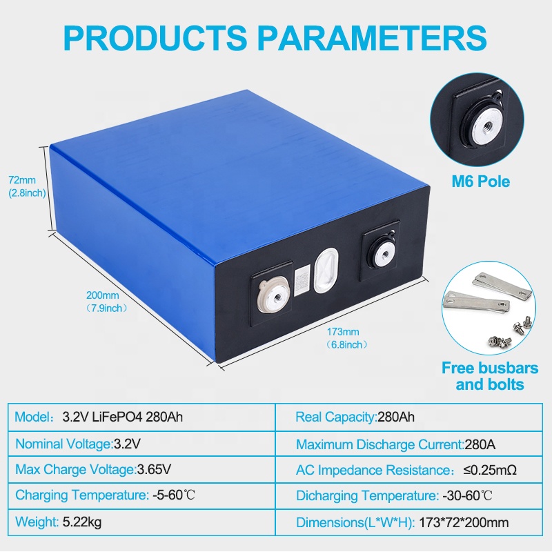 3.2v 280ah Lifepo4 Battery Cell Prismatic lithium Ion Batteries for Power Solar System EV 280ah with Busbar And Bolts