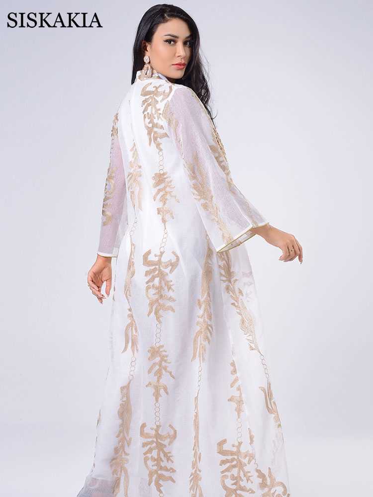 Siskakia Sequins Embroidered Abaya Dress For Women Moroccan Kaftan Turkey Arabic Jalabiya White Islamic Ethnic Robe Eid 210623
