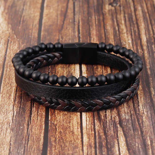 Fashion Natural stone Magnetic button leather braided bracelet men's steel jewelry Nice gift