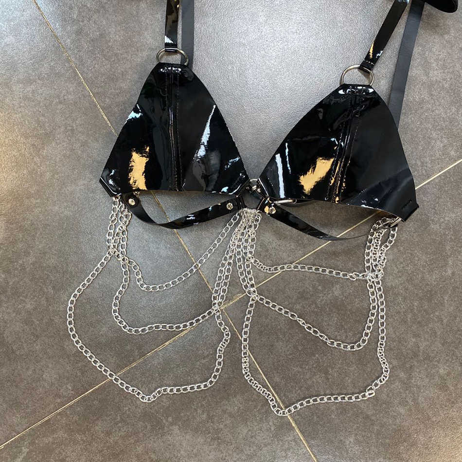 Women's Short Corset Top Spaghetti Strap Black Pu Leather Crop Chain Halter PU Sexy Tank 210525