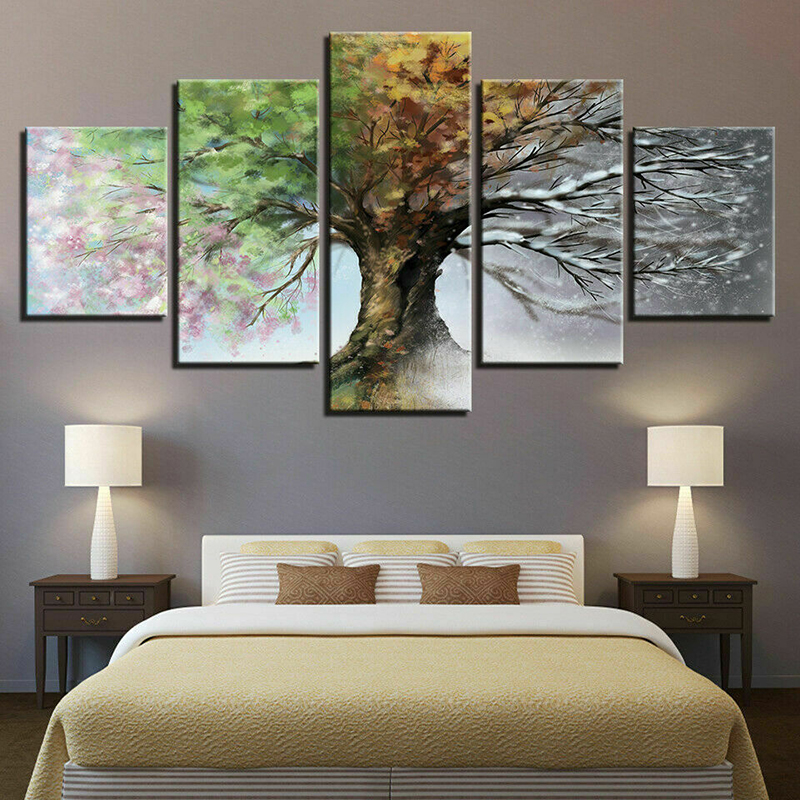 Abstract Art 5 Panels Four Season Tree Posters Landscape Pictures Canvas Prints Painting Wall Art for Living Room Bedroom Modern Home Decor
