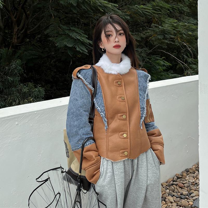 Women's Jackets Faux Leather Jacket Denim Coat Winter Women Chic Oversize Autumn Retro Stitching Lamb Fur Stand Collar, Coffee
Women's Jackets Faux Leather Jacket Denim Coat Winter Women Chic Oversize Autumn Retro Stitching Lamb Fur Stand Collar, Coffee