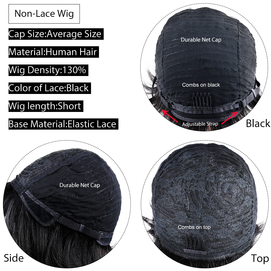 Black Color Glueless Short Wigs With Bangs Non Lace Brazilian Virgin Human Hair Bob Pixie Cut Wig For Women