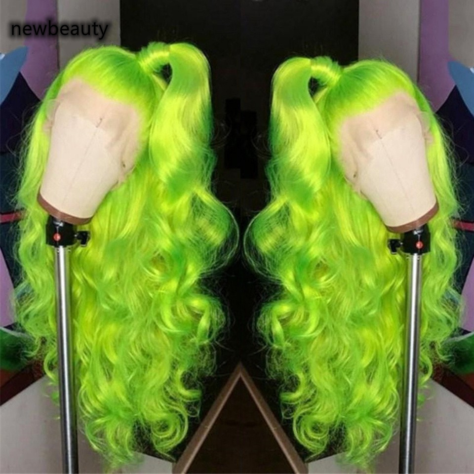 Synthetic Lace Frontal Wig Natural Wave Hair Green Color Long Wavy Wigs For Black Women Cosplay Party