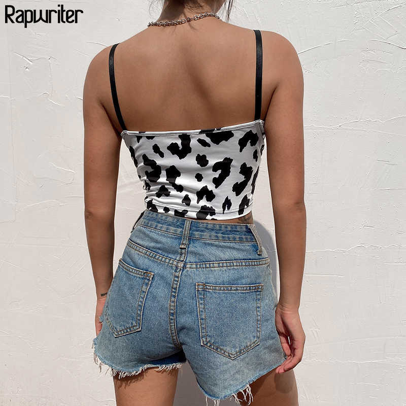 Rapwriter Vinrtage Lace Patckwork V Neck Milk Cow Print Strap Crop Tops Women Blackless Short Sexy Summer Tank Top Bow cami 210625
