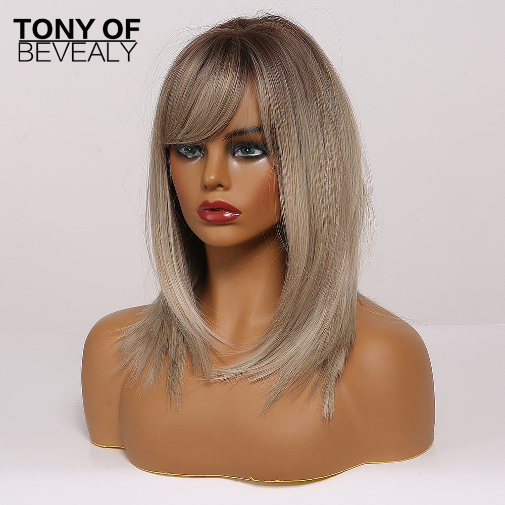 Synthetic Length Ombre Brown to Blonde Straight Hair Wigs with Bangs Synthetic Wigs for Women Cosplay Heat Resistant Natural Wigs