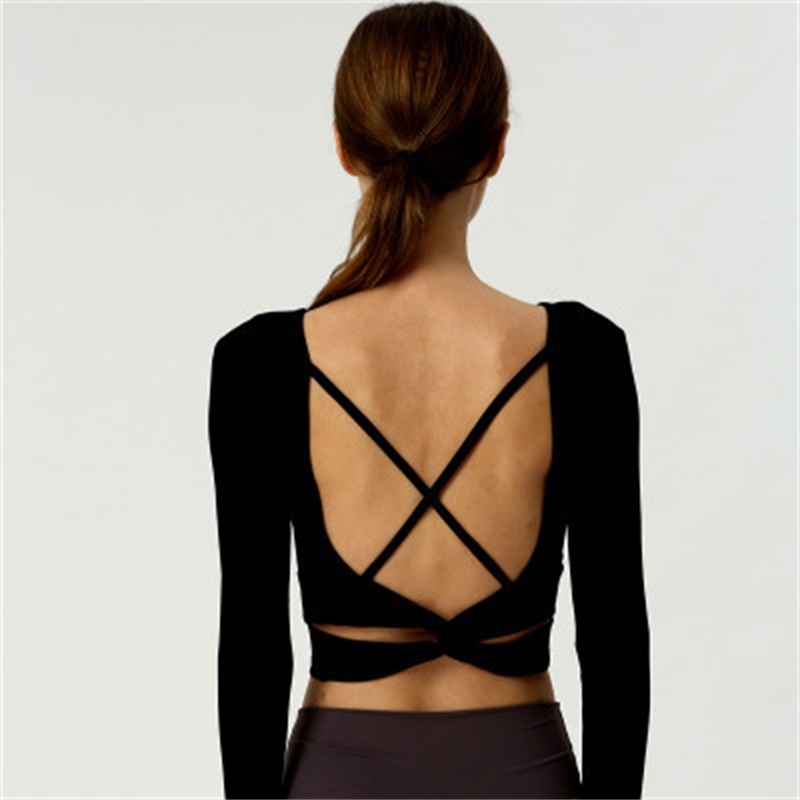 XHERR Women Back Straps Gym Yoga Crop Tops Yoga Shirts Long Sleeve TShirts Rip Stretch Fabric Workout Tops Fitness Yoga Tee T200401