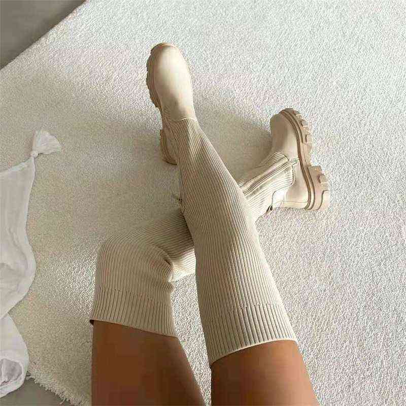 Autumn and Winterwomen's Over-the-knee Boots Knit Upper Solid Color Round Toe Square Heel Boots Comfortable and Casual Learning z250220
