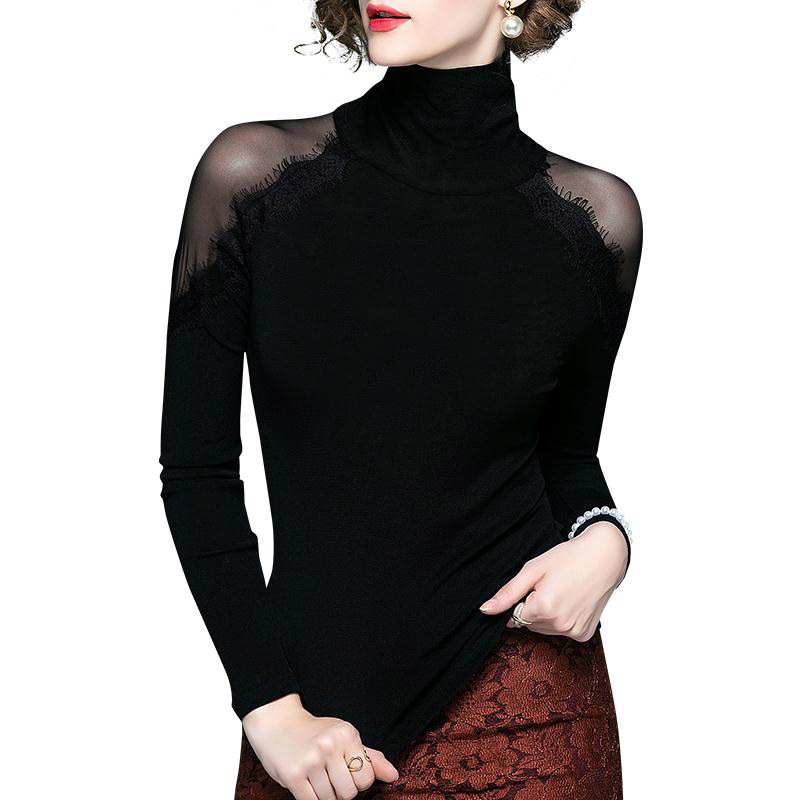 Women Spring Autumn Style Lace Blouses Shirts Lady Casual Turtleneck Off Shoulder Lace Blusas Tops DF3132 210225