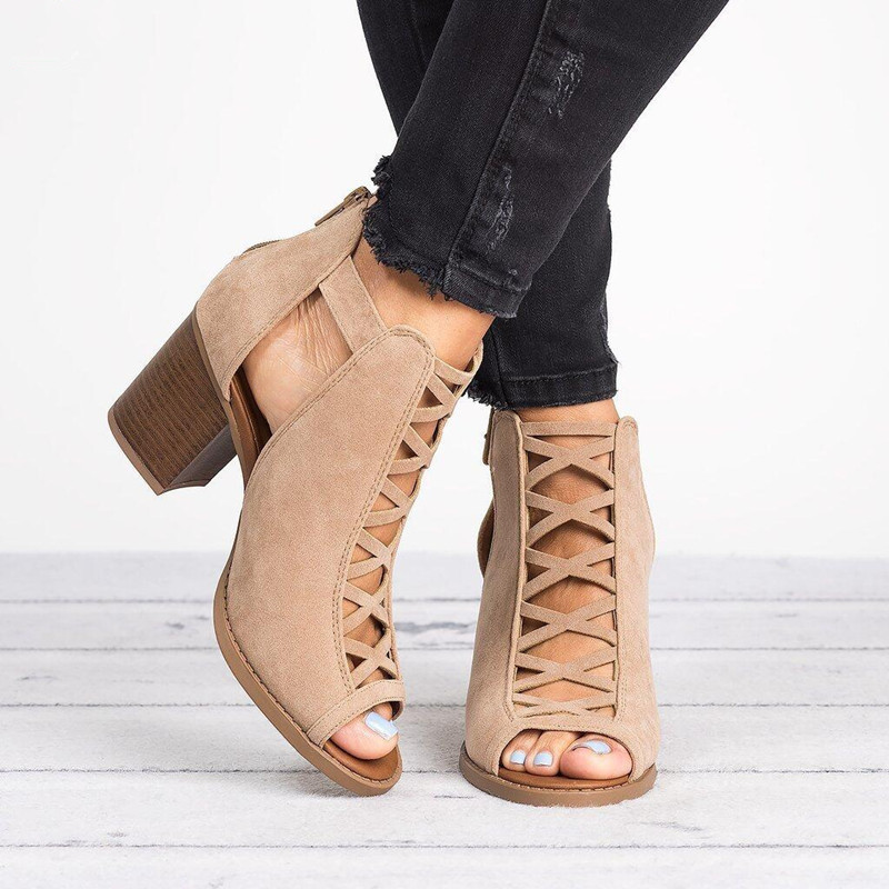 Woman Sandals Shoes Summer Pumps High Heels Thick Peep Toe Buckle Strap Fashion Hollow Solid Gladiator Plus Size 34-43 Y0305