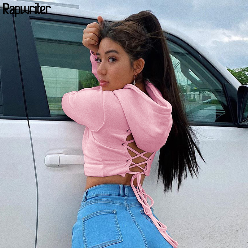 Cross Bandage Tie Up Backless Black Pink Hoodie Sweatshirt Women Autumn Long Sleeve harajuku Hoodies Pullover Crop Tops 201103