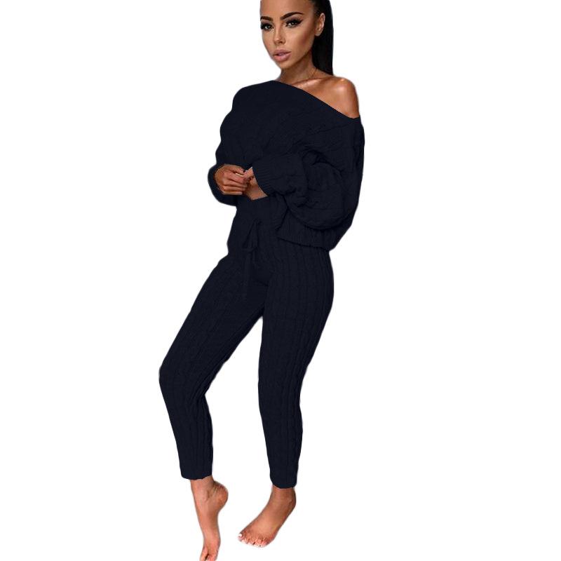 Solid Long Sleeve Set Autumn Winter Two Piece Pants Sweater Outfits Sexy Off Shoulder Loose Top Pencil Suit