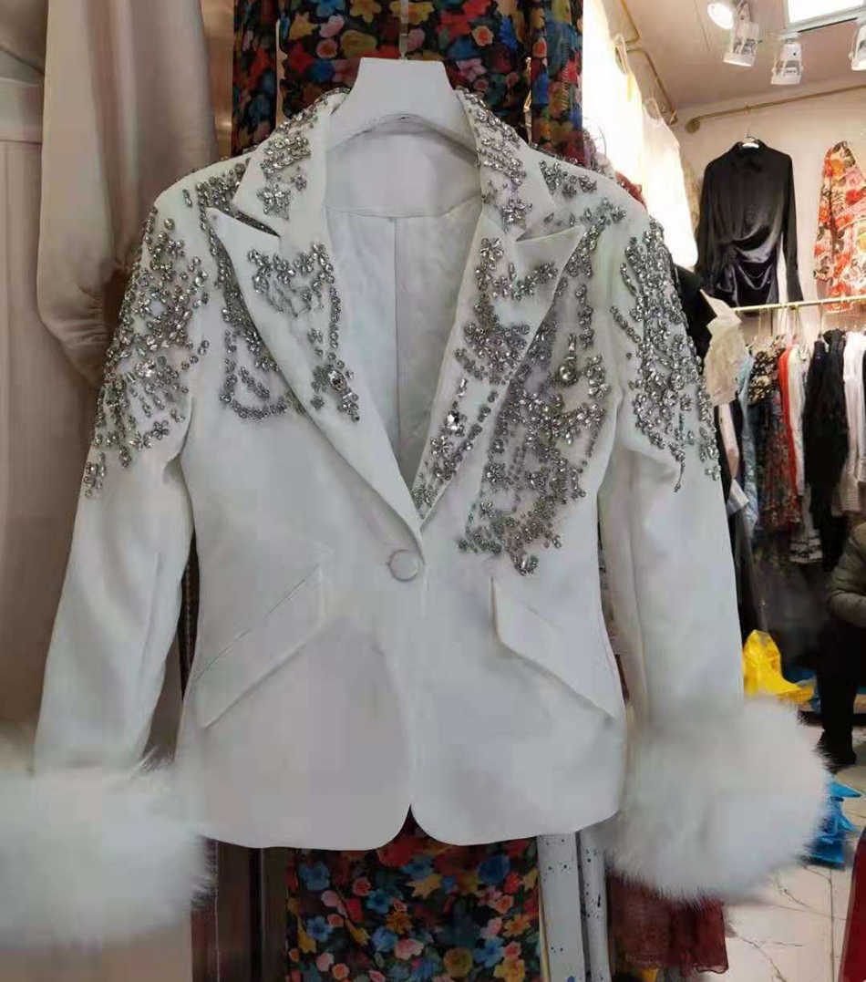 Fashion Ladies Jacket Black White Sexy V-neck Coat Diamond Decoration Removable Hair Cuff Slim 210525