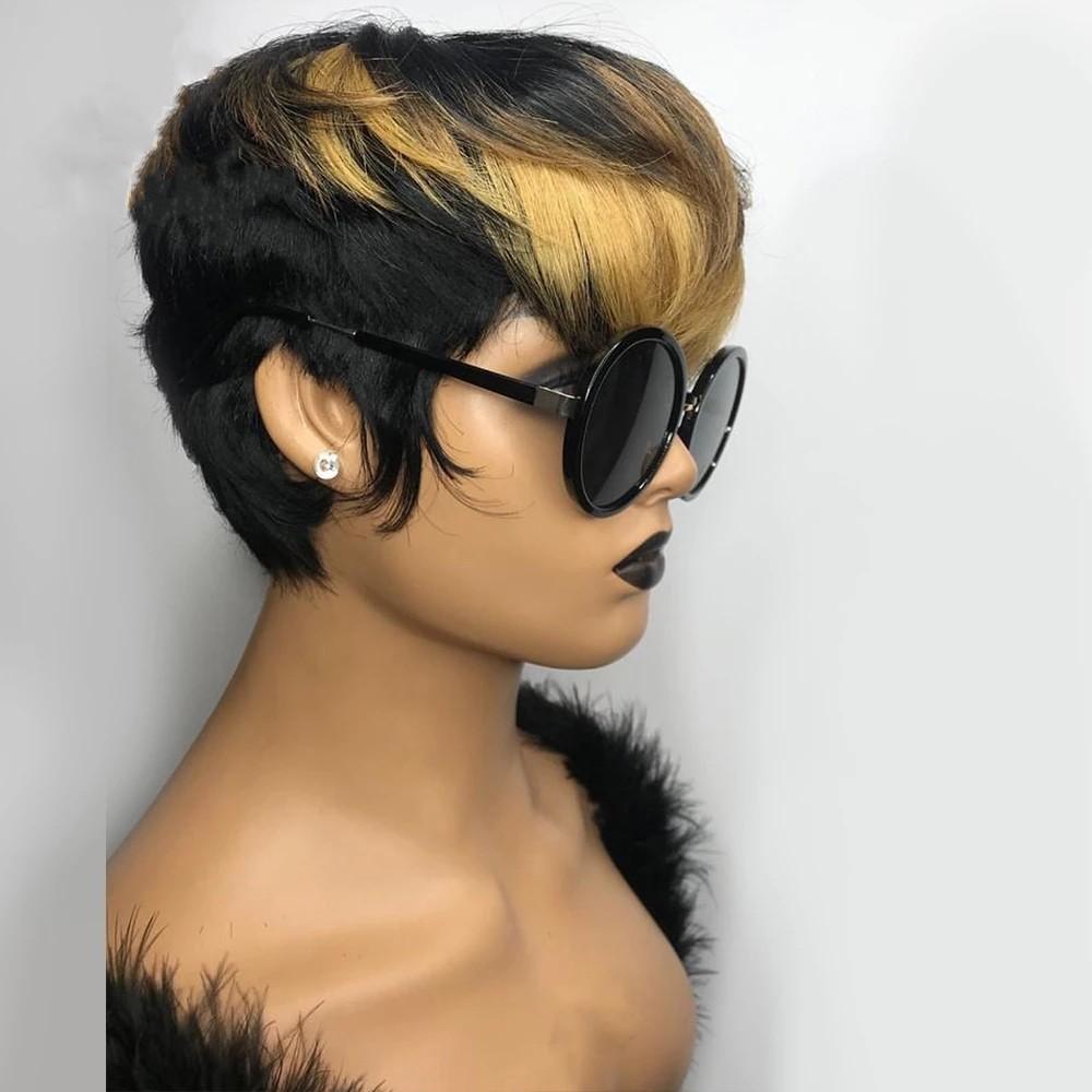 Ombre Blonde Color Short Wavy Bob Pixie Cut Wig Full Machine Made Non Lace Front Human Hair Wigs For Black Woman