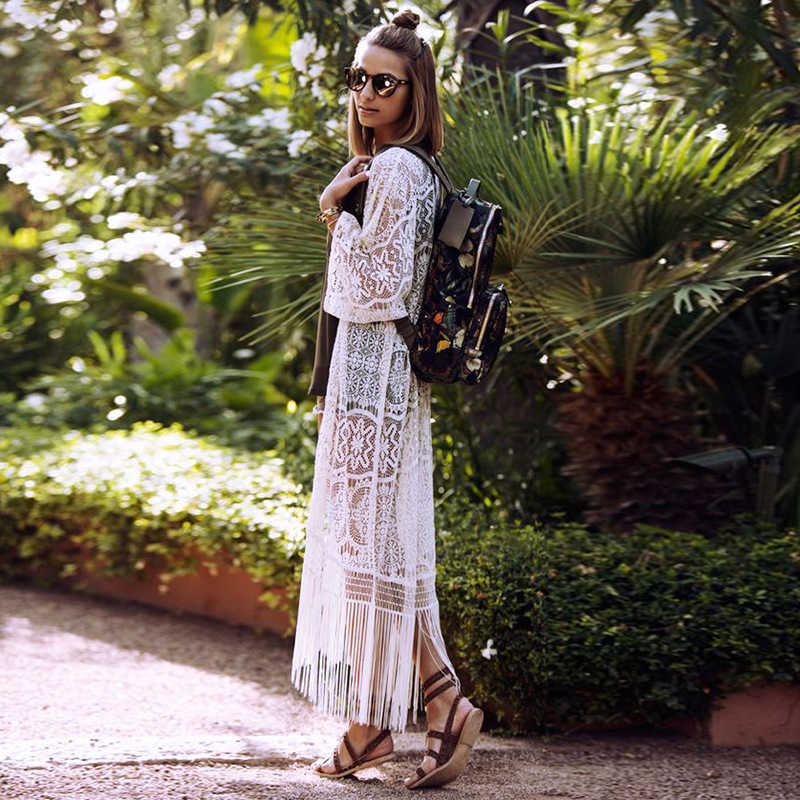 Lace Beach Cover Up Kaftan Dress Summer Women Sexy Tassel Hollow Out See-through Robe White wear 210604