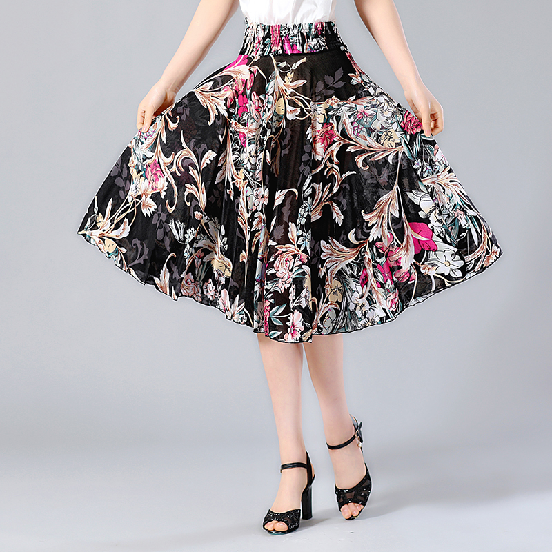 New Summer Long Print Skirts Womens Elastic High Waist Elegant Pleated Skirt Plus Size Faldas Saia Fashion Female Casual Skirt 210309