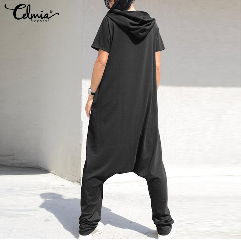 Celmia Plus Size Jumpsuits Women Short Sleeve Overalls Fashion Hoodie Loose Harem Pants Solid Casual Zipper Pantalon Femme Y200904