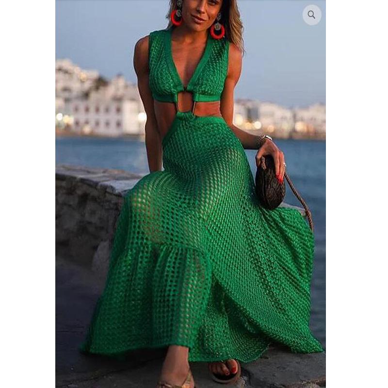 Women Cover-up Dresses Sexy Fishnet Low Neck Metal Twist Bandage Cut-out Waist 2021 Plus Size 3XL Back Zip Long Dress Beachwear