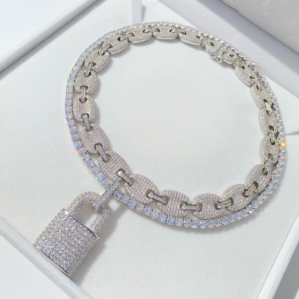 New Luxury Lock Pendant Necklace 5MM Tennis Chain Rope Iced Out Bling Cubic Zircon Necklace For Men Women Hip Hop Jewelry