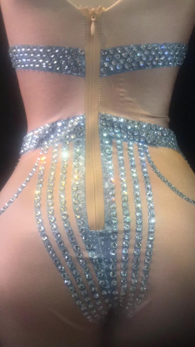 Summer Women New Sexy Striptease Dance Sparkly Crystals Bodysuit Stage Wear Celebrate Female Singer One Piece Costume Outfit