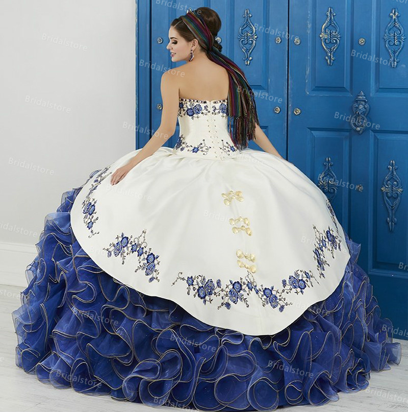 Luxury Blue And White Quinceanera Dress Vintage Strapless Applique Corset Sweet 16 Princess Ball Gown Prom Dress Organza Vestidos De 15 Anos