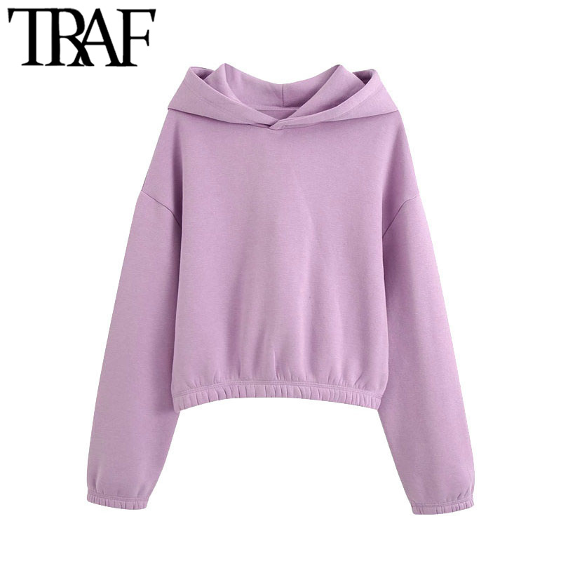 TRAF Women Fashion With Elastic Trims Cropped Hoodies Sweatshirts Vintage Long Sleeve Fleece Female Pullovers Chic Tops 201102