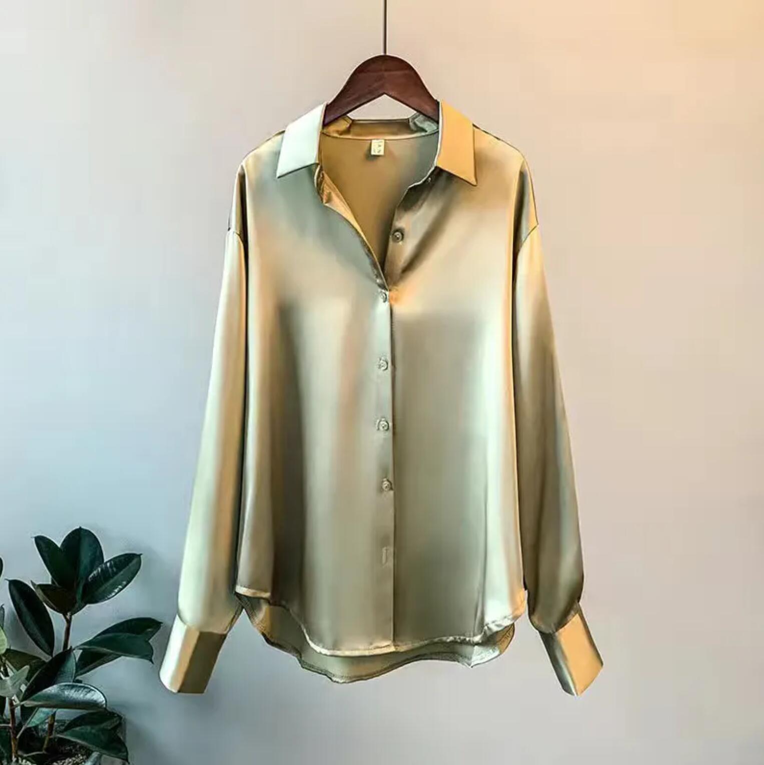 Fashion Stylish Button Up Satin Silk Shirt Vintage Blouse Women White Lady Long Sleeves Female Loose Street Shirts 210225