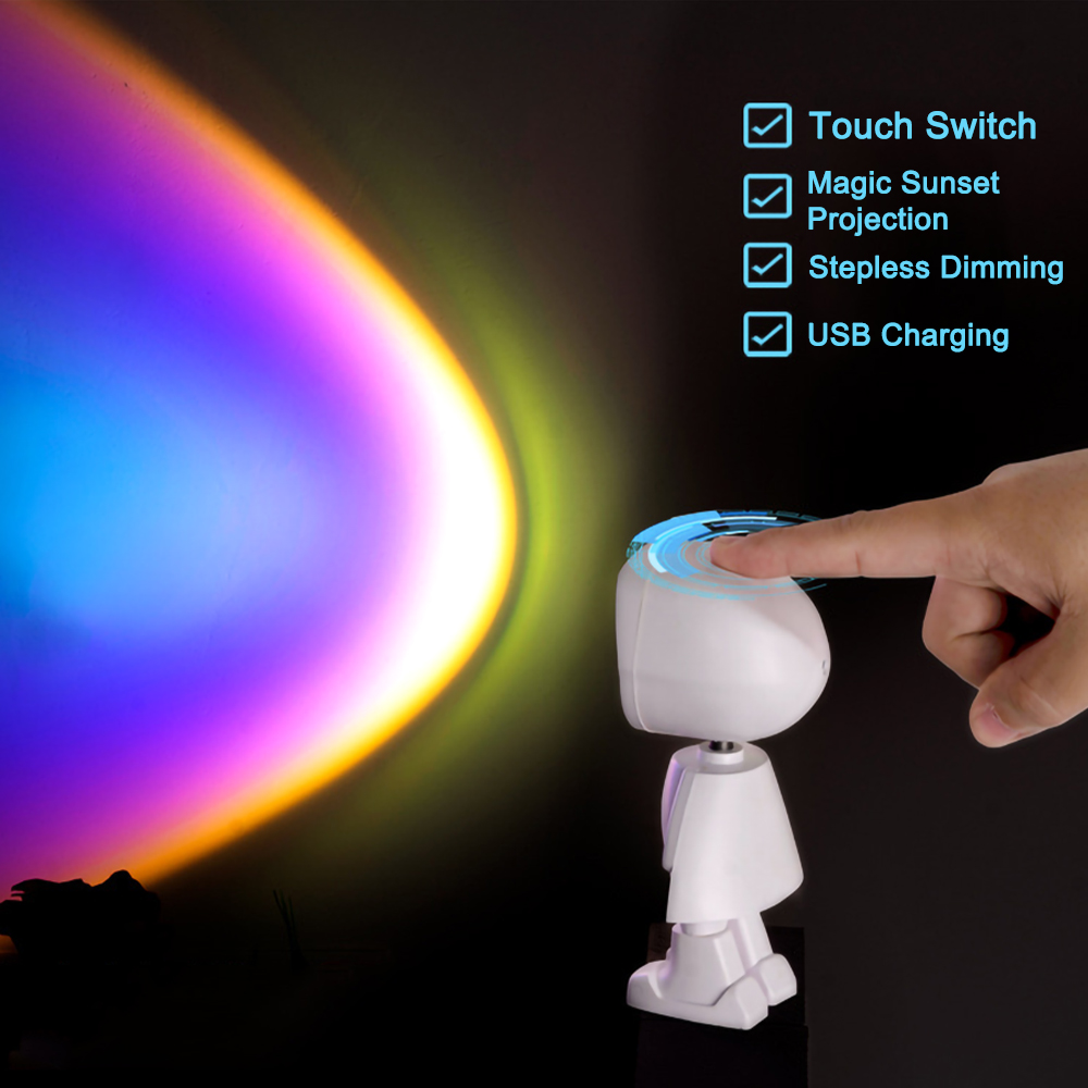 Robot Sunset Lamp Starry Projector USB LED Night Light Rainbow Touch Sensor Switch For Bed Room Wall Decorative Table Lamp Kids
Robot Sunset Lamp Starry Projector USB LED Night Light Rainbow Touch Sensor Switch For Bed Room Wall Decorative Table Lamp Kids