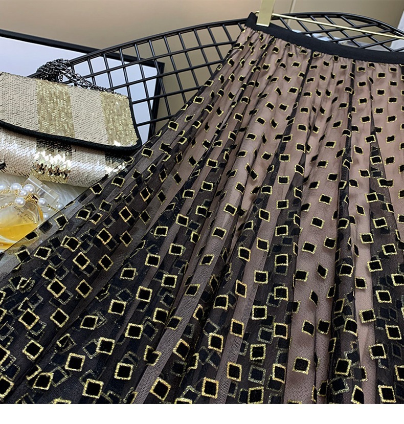 Autumn Heavy Work Plaid Skirt womens Winter Womens MidLength A line Skirt High Waist elegant Tulle Print Skirt 210306