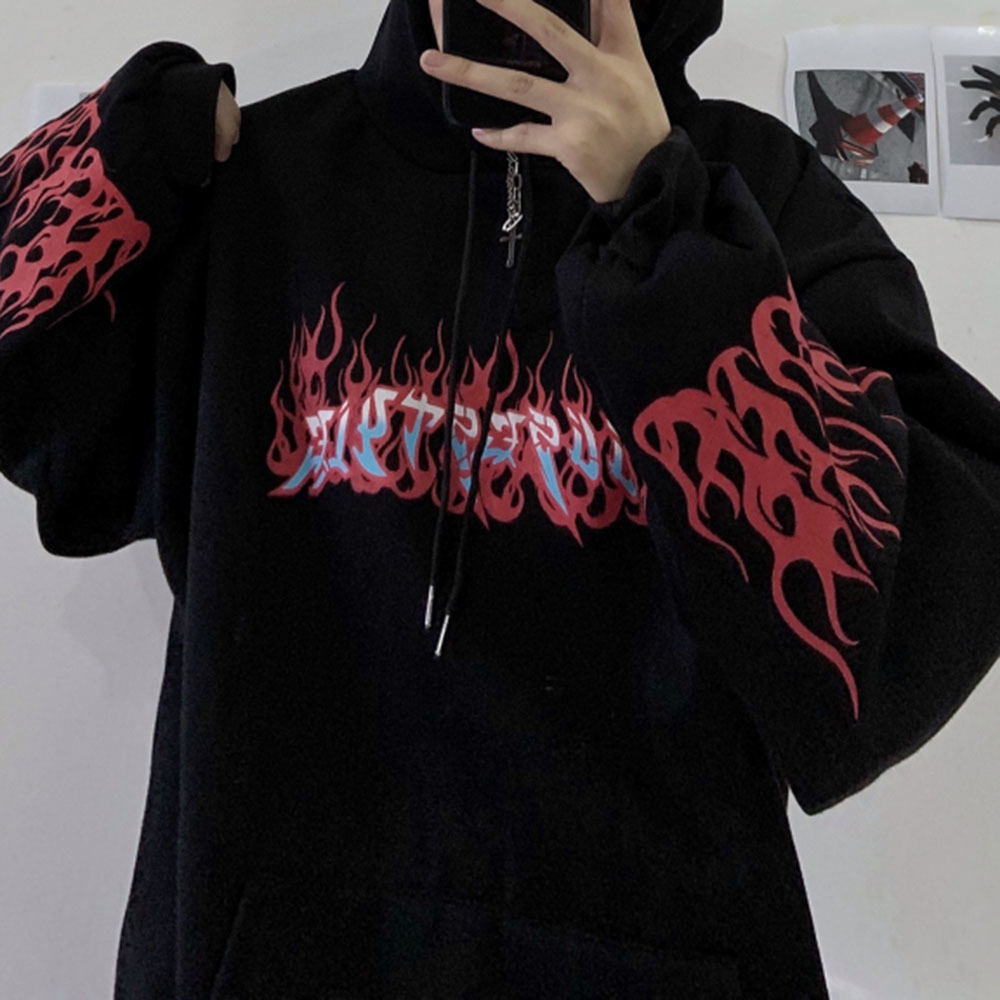 Rosetic Flame Print Men Hoodies Winter Thick Hooded Hoodies Mens Harajuku Letter Tops Gothic Pullovers Casual Couple Sweatshirt 201020