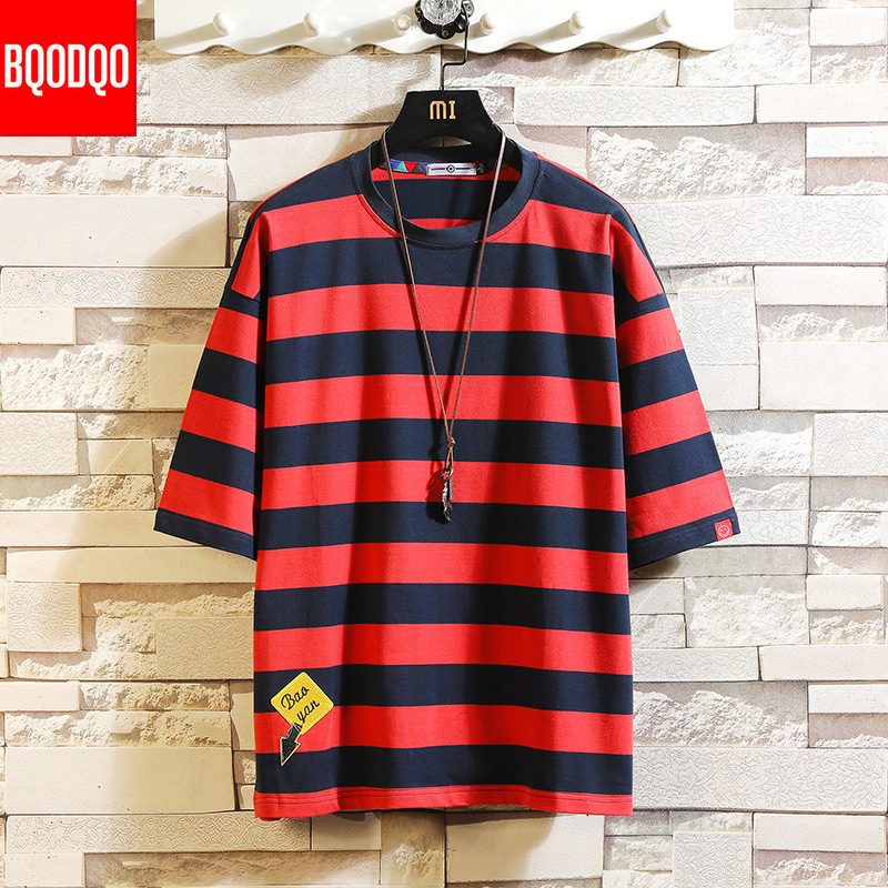 Oversized Hip-hop Casual Fashion T-shirt Male Cotton Short Sleeve Stripe Fitness Tee Men Blue Summer Streetwear Harajuku T shirt T200219