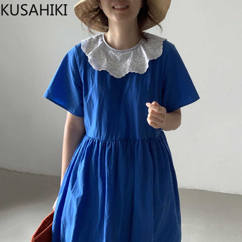 KUSAHIKI Elegant Embroideried Peter Pan Collar Dresses Korean Short Sleeve High Waist Woman Dress Causal A-line Vestidos 6H597 210602, Blue
KUSAHIKI Elegant Embroideried Peter Pan Collar Dresses Korean Short Sleeve High Waist Woman Dress Causal A-line Vestidos 6H597 210602, Blue