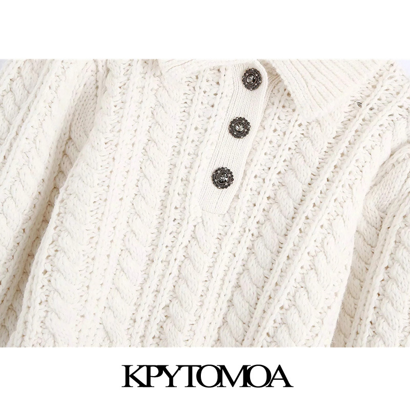 KPYTOMOA Women Fashion With Rhinestone Buttons Cropped Cable-Knit Sweater Vintage Lantern Sleeve Female Pullovers Chic Tops 210218