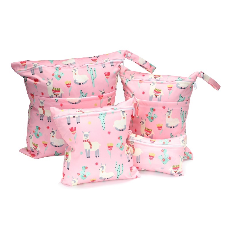 4 piece suit Travel PUL Wet Bags Baby Waterproof Cloth Diaper Bag Single Zipper Print Reusable Baby Nappy Wet Dry Bags Wetbags 210312