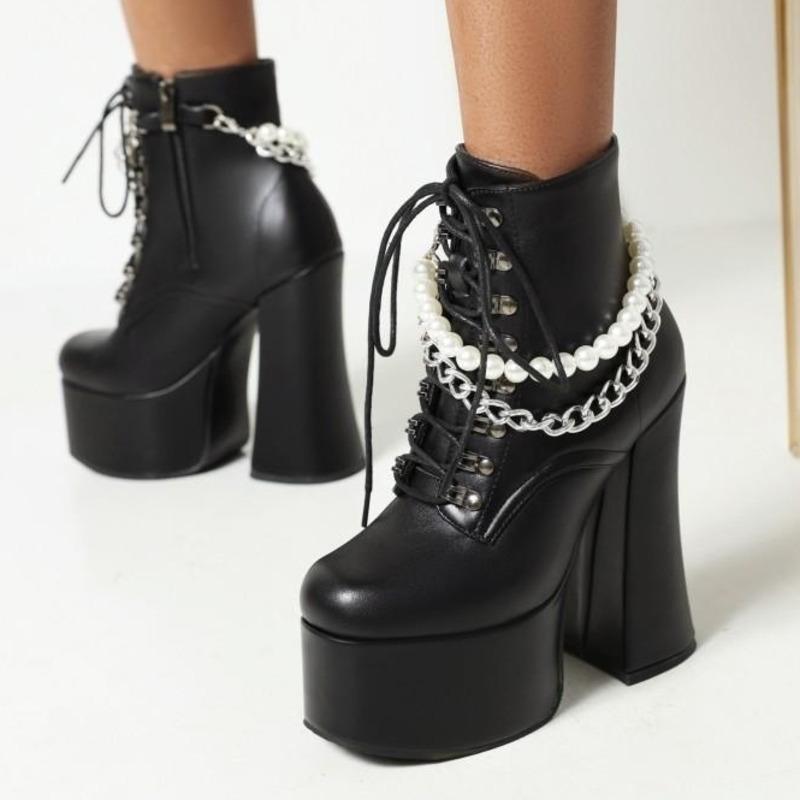 Boots 2021 Autumn Winter High Heel Pearl Chain Women's Thick Short Tube Lace Up Fashion, Black
Boots 2021 Autumn Winter High Heel Pearl Chain Women's Thick Short Tube Lace Up Fashion, Black