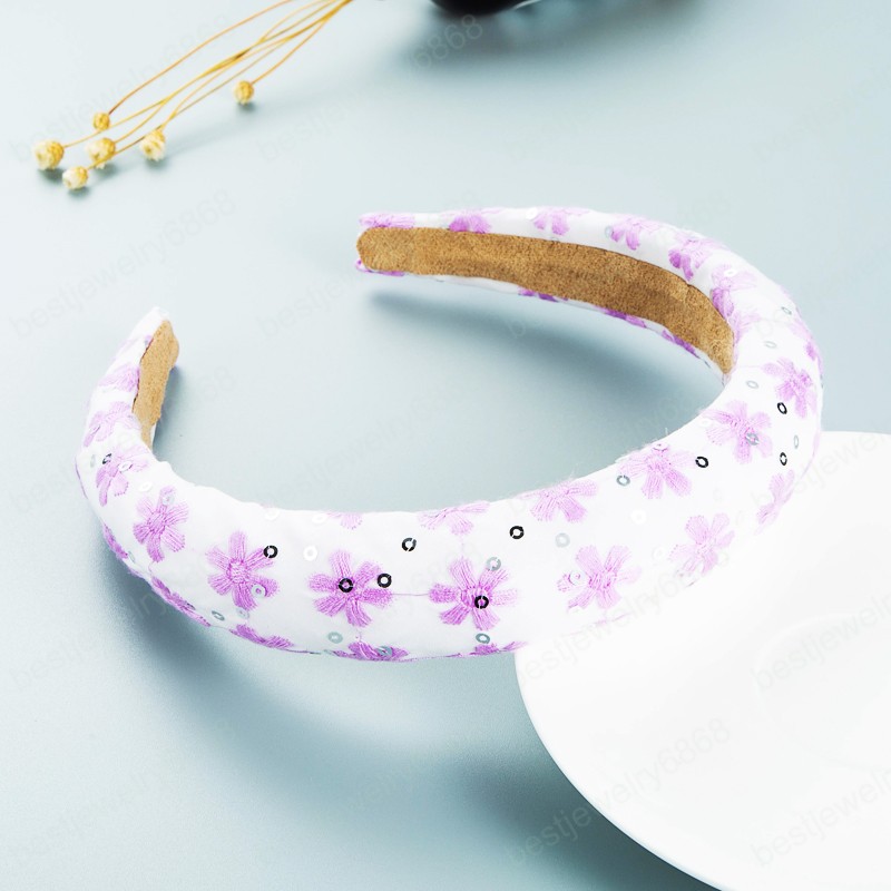 Elegant Korean Embroidery Flower Headband Temperament Sparkly Sequins Thick Sponge Hairband Girls Party Jewelry Bezel