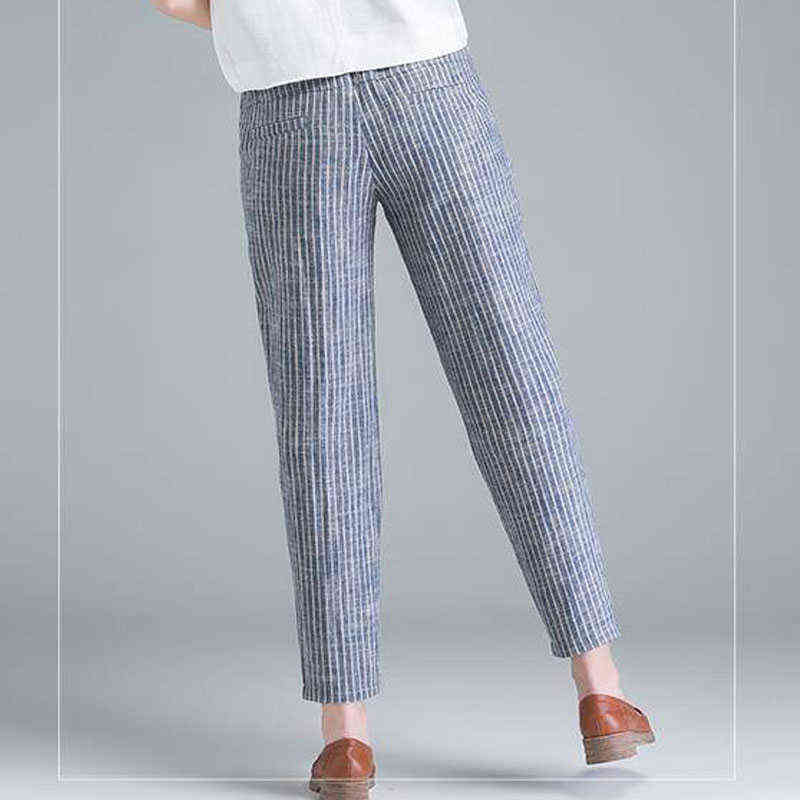 Spring Casual Harem Pants Korean Style High Waist Women Pants Stripe Cotton Linen Trousers Plus Size Streetwear Women 10299 211112