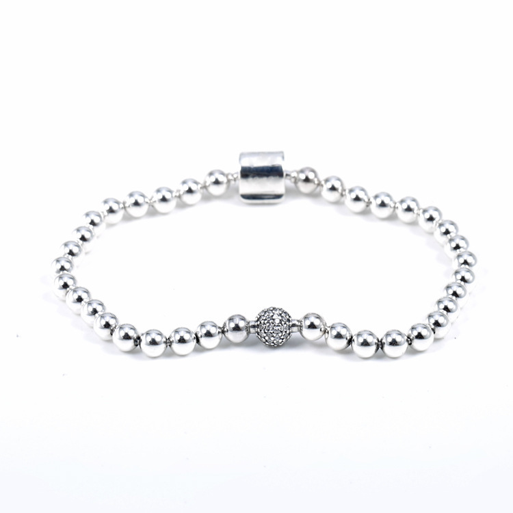 Genuine 925 Sterling Silver Smooth Beads & Pave Crystal Ball Bracelet Fit Bead Charm Diy Fashion Jewelry