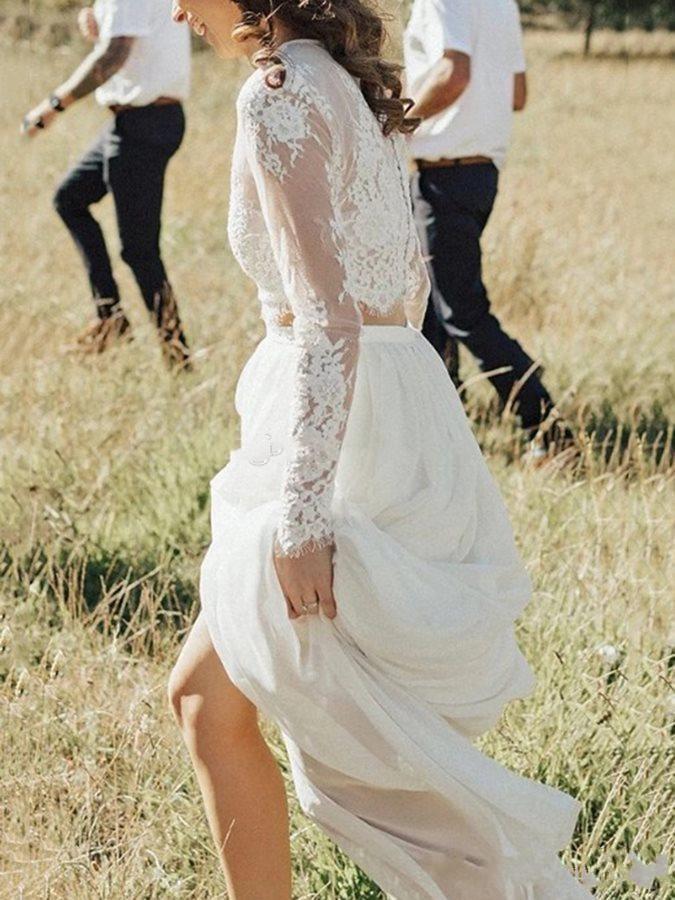Bohemian Summer Long Sleeve Wedding Dresses Cheap Two Piece Lace Chiffon Bridal Gowns 2021 New Boho Beach Wedding Dress Vestidos de Novia