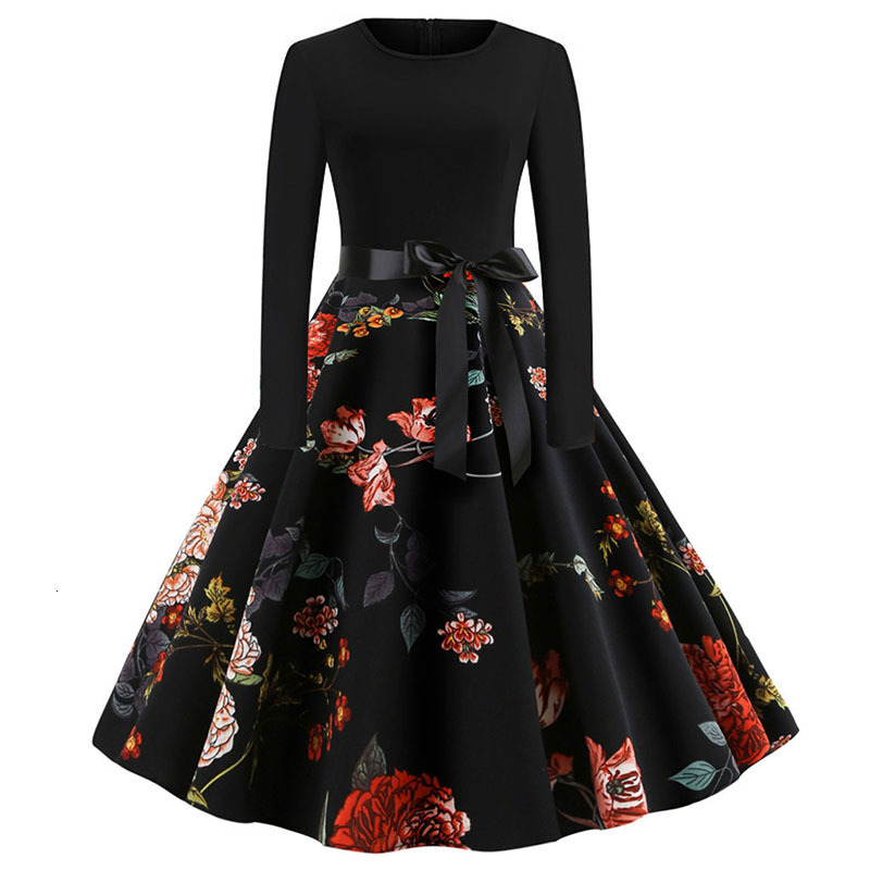 Christmas Dress Swing Elegant Women Print Party Dresses Long Sleeve Vintage Dress Robe Plus Size 201008