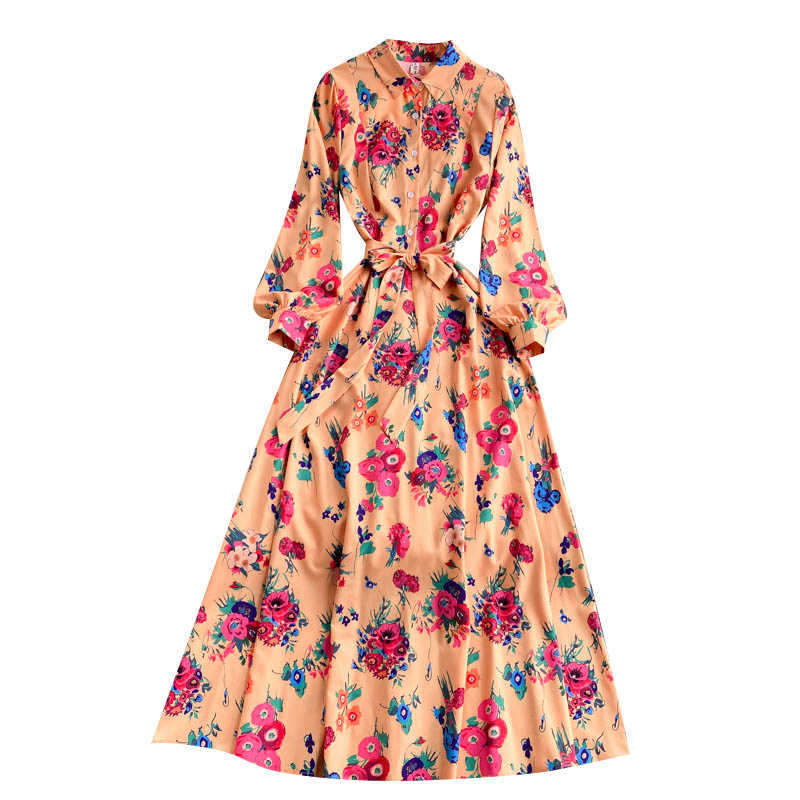 DEAT Women Printing Vintage Dress Lapel Long Sleeve Arrivals Lady Temperament Fashion Spring Autumn 11D2024 210709