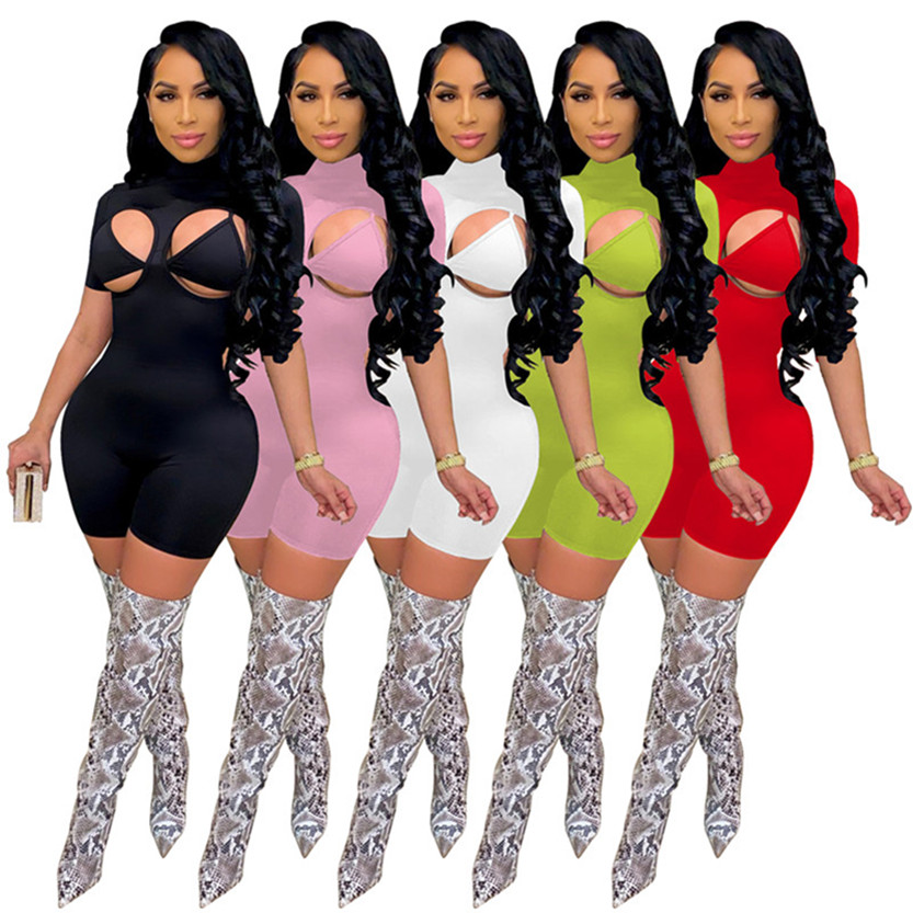 Women night club wear sexy short sleeve dress black skinny miniskirt solid color one-piece dress hollow out package hip skirt 4533