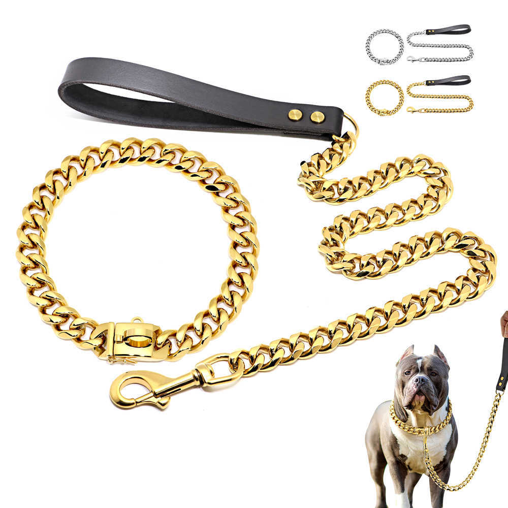 

Stainless Steel Metal Gold Dog Accessories Chain Collar Leash Pet Training Collar For Medium Large Dogs Pitbull French Bulldog P0831