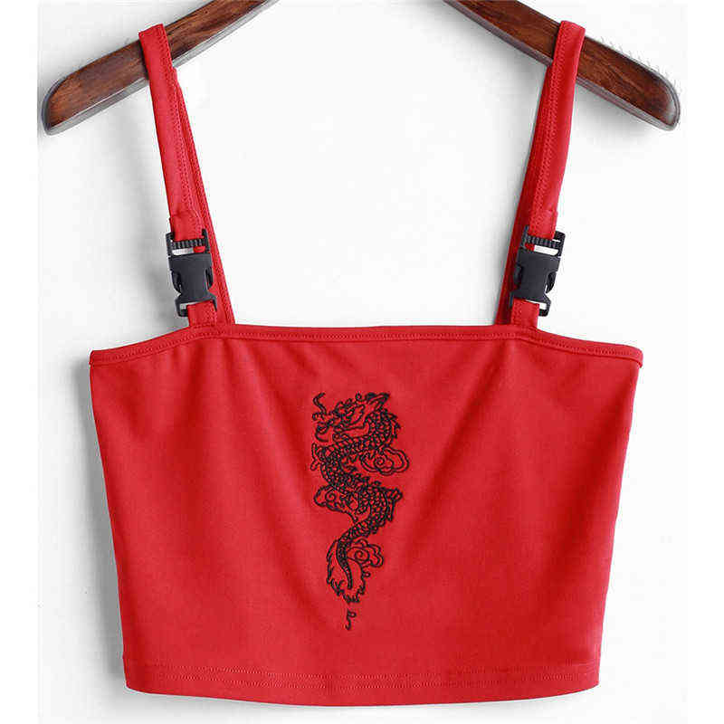 Fashion Women Sexy Hot Summer Buckle Vest Boob Tube Crop Top Bralet Sheer Dragon Embroidery Stylish Cami Tank Top Y220308