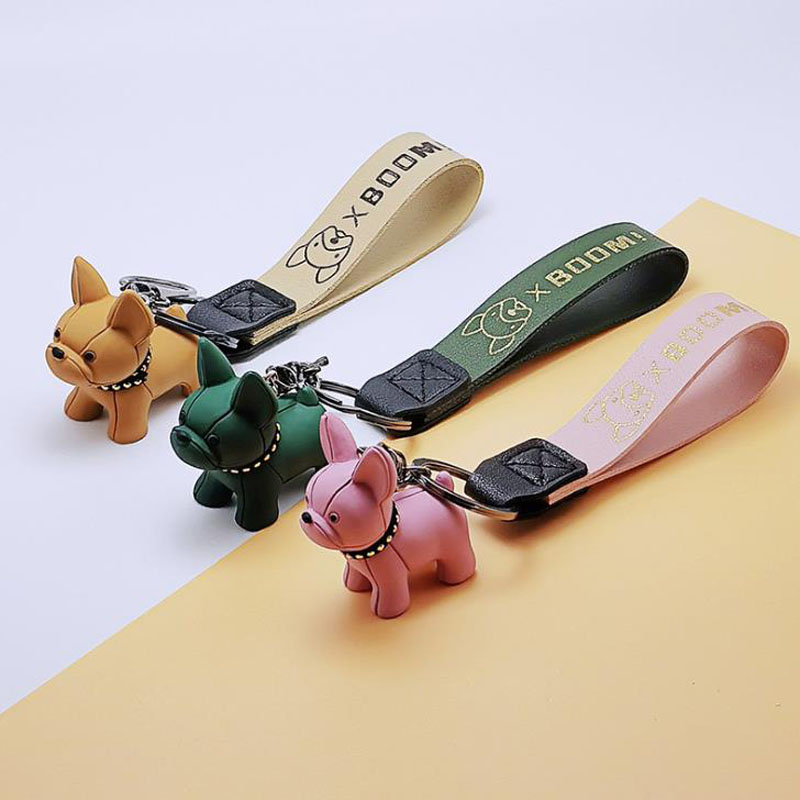 Cartoon Fighting Dog Keychain for Women Man Pendant Car Leather Key Ring Christmas Gift